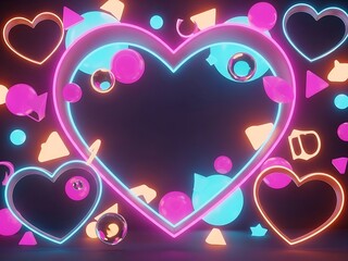 Neon Heart Shapes with Floating Spheres and Geometric Elements on Dark Background for Valentine Theme