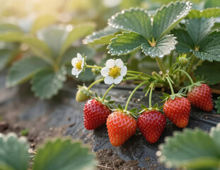 Lush Strawberry Patch: Ripe Red Berries, Delicate White Flowers, and Dewy Leaves Under Soft Sunlight