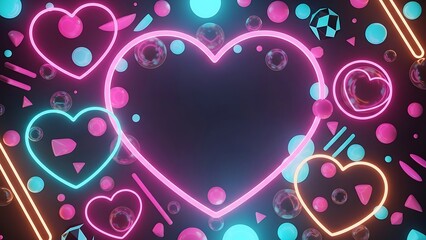 Neon Heart Shapes with Floating Spheres and Geometric Elements on Dark Background for Valentine Theme