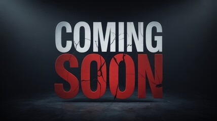 Grungy three dimensional text announcing a cinematic or video game release date is coming very soon