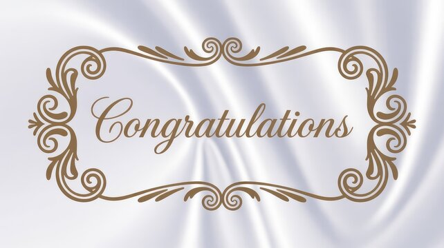 Elegant congratulations message displayed inside a vintage bronze frame set against a soft flowing white silk background texture for celebration.