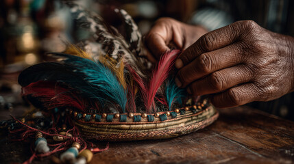 Crafting a traditional headdress with vibrant feathers and beads on a wooden table at Carnaval Internacional de Mazatl&aacute;n in Mazatl&aacute;n, Sinaloa, Mexico