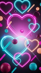 Neon Heart Shapes with Floating Spheres and Geometric Elements on Dark Background for Valentine Theme