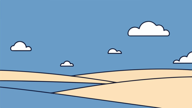 Illustration of a serene landscape with a blue sky, rolling hills, and a body of water