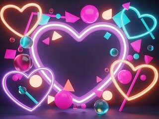 Neon Heart Shapes with Floating Spheres and Geometric Elements on Dark Background for Valentine Theme
