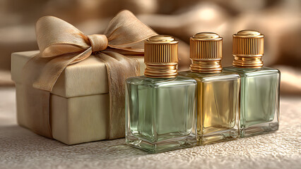 Luxurious gift set with three elegant perfume bottles and a satin ribbon-wrapped box