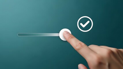 hand pressing a white button with a checkmark on a teal background  technology concept