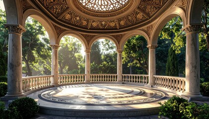 Obraz premium Elegant Gazebo in a Lush Garden - A Serene Architectural Masterpiece with Sunlight.