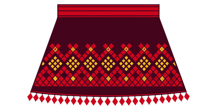Traditional Lao Hand-Woven Silk Fabric with Red and Black Geometric Diamonds, Close-up of Authentic Lao Silk Craftsmanship featuring Traditional Tribal Motifs