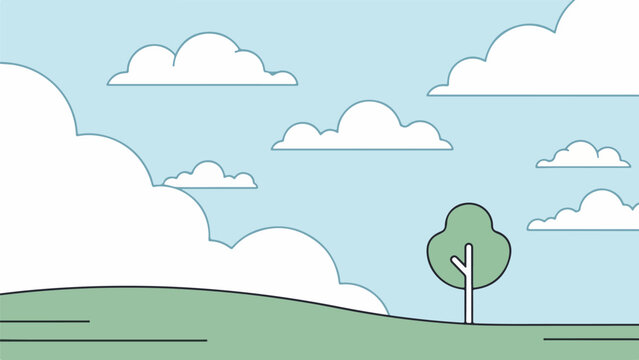 Gently rolling green hill with a solitary tree and a sky filled with fluffy white clouds