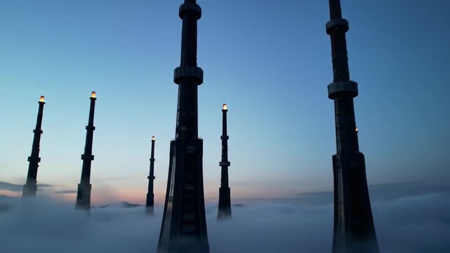 Eerie view of towers poking through a heavy layer of fog against blue sky, industrial landscape, abstract environment, smog, pollution, fog, air, industry, pipes