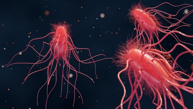 a 3d rendering of rod-shaped bacteria with numerous long, whip-like appendages. Pectobacterium carotovorum formerly known as Erwinia carotovora, a plant pathogen.