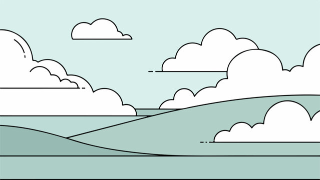 Illustration of a vast sky with fluffy white clouds and rolling green hills