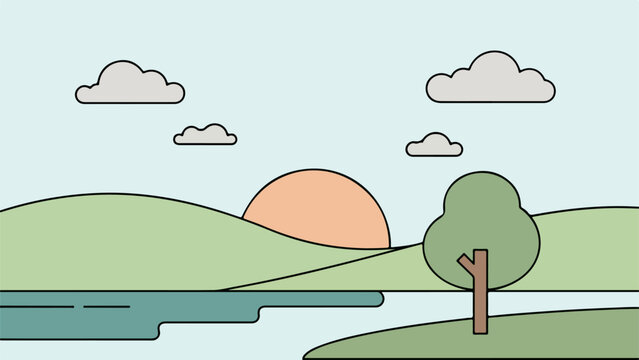 Serene landscape with tranquil water, rolling hills, and a solitary tree at sunset