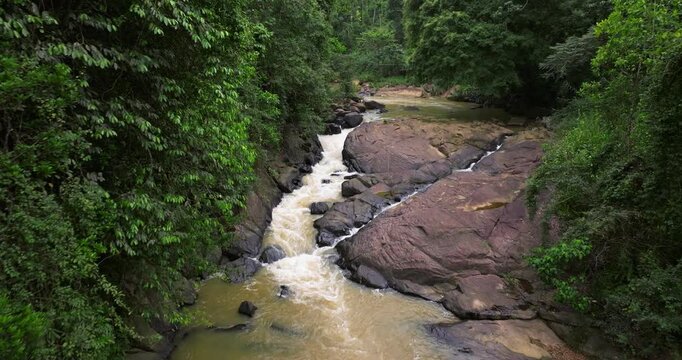Aerial View of Wild River Flowing Through Lush Tropical Rainforest, Sinharaja, Sri Lanka