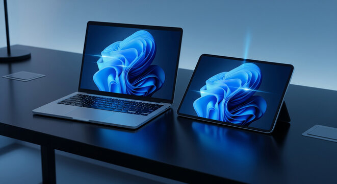 Modern laptop and tablet displaying Windows 11 interface on a dark desk