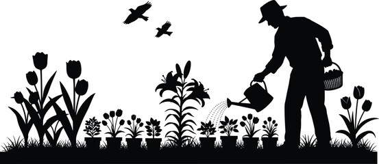 Black silhouette of a male gardener watering flower pots in a garden with tulips, lilies, flying birds and grass, spring vector illustration © Parvej Creatives