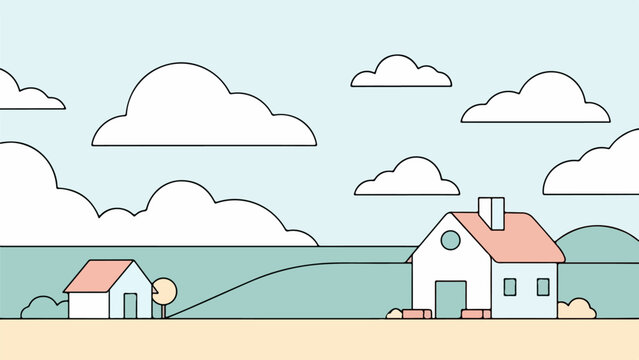 Rural scene with a small house, tree, and rolling hill under a blue sky with clouds