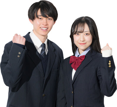 背景透明で並ぶ高校生の男女　女子高生と男子高生の2人の見上げる進路や未来や目標、合格のガッツポーズ　受験がんばるぞのカメラ目線