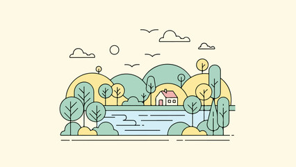 Fototapeta premium Serene rural landscape with rolling hills, winding river, and quaint house with red roof