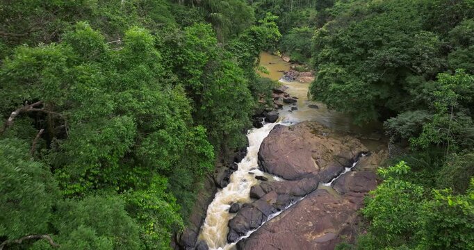 Aerial View of Wild River Flowing Through Lush Tropical Rainforest, Sinharaja, Sri Lanka