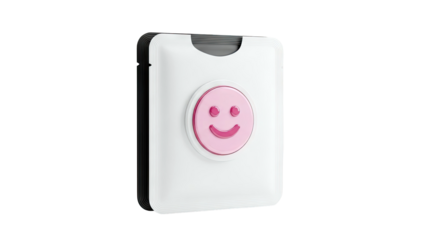 White sachet with pink smiley face logo