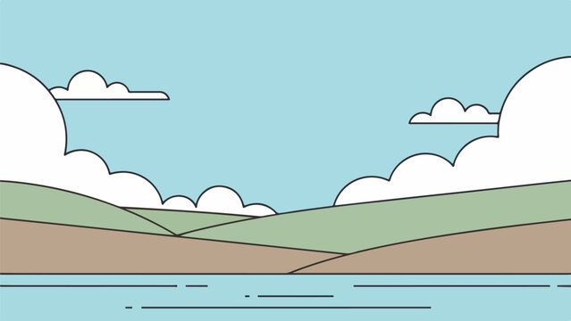 Serene landscape with rolling green hills, still water, and light blue sky with scattered clouds