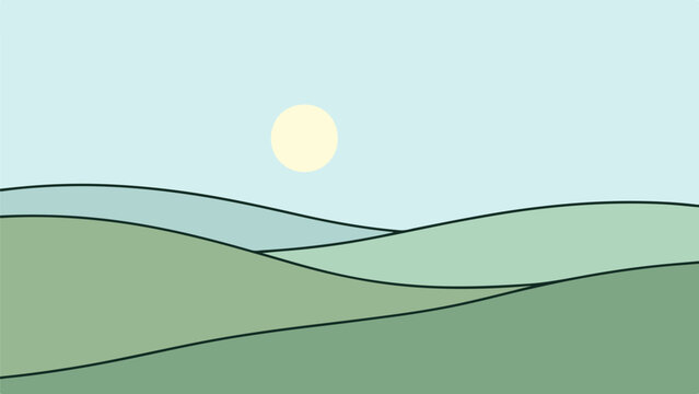 Rolling hills with a neutral gray sky and partially obscured yellow sun