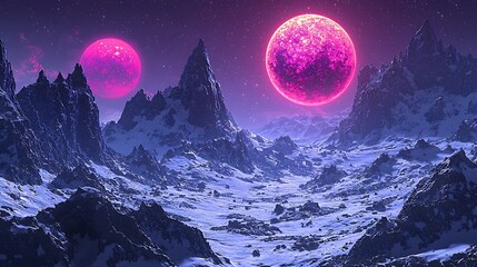 Futuristic winter landscape featuring snow-covered mountains under a starry night sky with two vibrant pink planets.