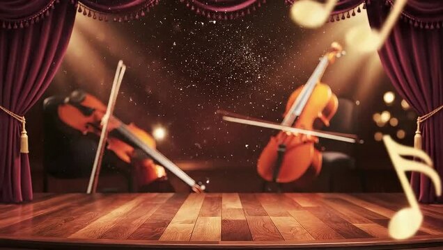 Musical notes and violins on a stage with red curtains and spotlights.