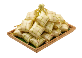 ketupat rice cakes on palm leaf tray