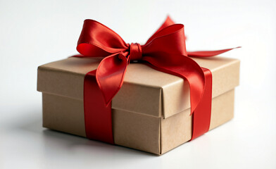 Obraz premium Gift box wrapped with red ribbon and bow, minimalist present on white background