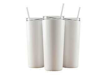 three blank white matte skinny tumblers with clear lids and straws on pale maple wood, bright white studio infinity background with copy space concept for commercial product mockup advertising