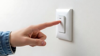 Hand pressing light switch on white wall, turning on and off, electricity concept