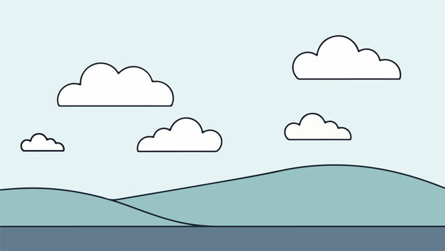 Minimalist landscape illustration with rolling hills, partly cloudy sky, and body of water