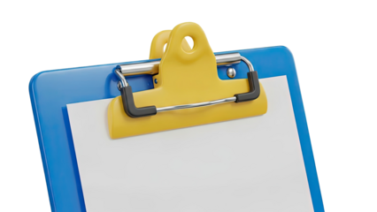 Blue and yellow clipboard with white paper