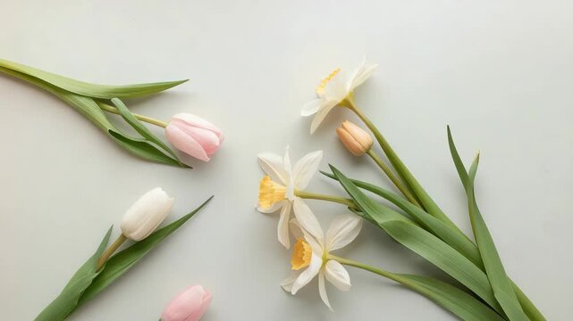 Soft pastel tulip and daffodil bouquet arranged pale background gentle spring floral scene bouquet