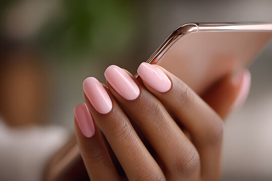 Close-up: african female hand with long pink nails holding smartphone during incoming call