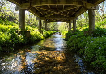 Tranquil stream under wooden bridge