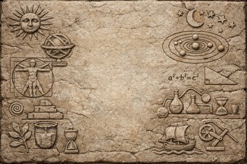 Carving shows celestial objects, mathematical symbols, and scientific tools along with engravings representing knowledge and discovery.