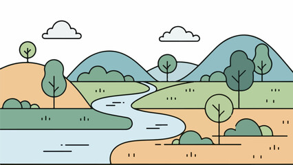 Obraz premium Winding river flowing through lush natural landscape with mountains in the background