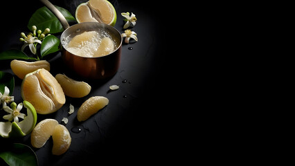 Fresh pomelo segments and citrus flowers with boiling pot on stone surface