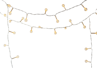 Highly detailed macro shot of modern micro-led fairy lights with warm amber glow and thin copper wiring, isolated on a transparent studio background with bokeh. Cozy holiday celebration concept