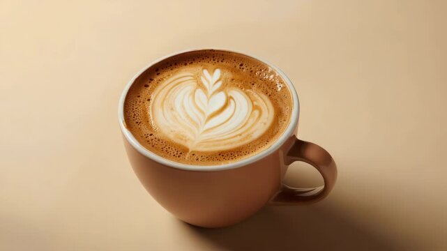 Creamy latte heart latte art foam ceramic cup mug beige neutral background warm cozy coffee scene