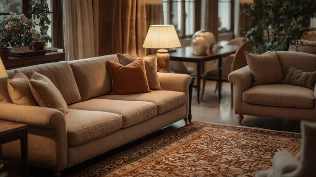 Cozy living room sofa armchair table lamp patterned rug cushions warm lamp glow cozy neutral beige