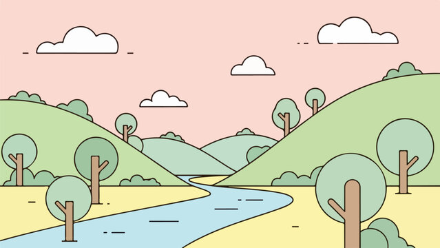 Serene landscape illustration with a winding river, rolling hills, and pastel sky