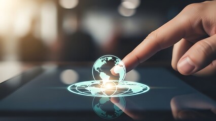 hand touching digital globe on tablet screen with glowing lines and reflection  global connection concept