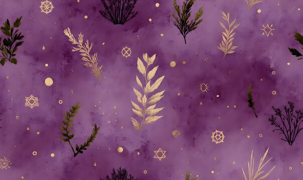 Tileable dark folklore pattern, herbal silhouettes, tiny occult sigils, aged texture, deep violet 