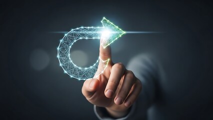 hand touching glowing arrow and circle icon on dark background  technology concept