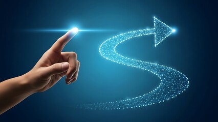 Hand touching glowing arrow made of particles on blue background